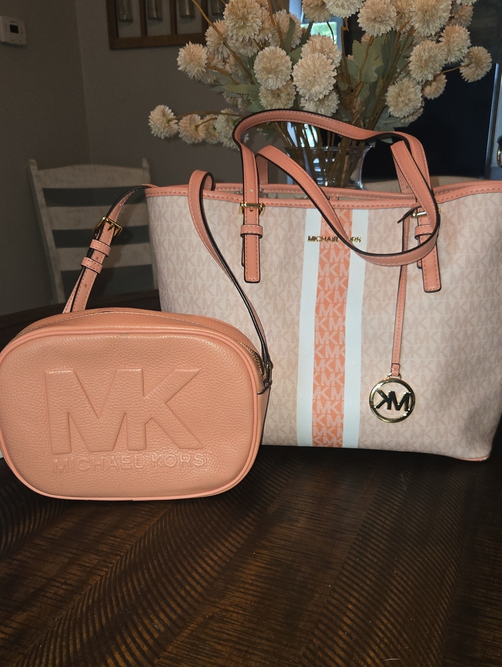 Michael Kors Peach Logo Tote with Matching Crossbody Together